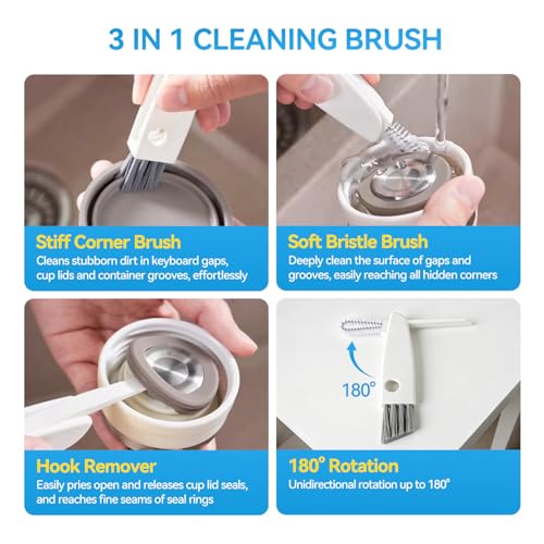 3 in 1 Cup Lid Cleaning Brush, 3 Pack 180° Rotating Water Bottle Lid Cleaner with Dual Brushes & Seal Ring Remover for Tumbler Lids, Straw Openings, Travel Mugs and Sippy Cups