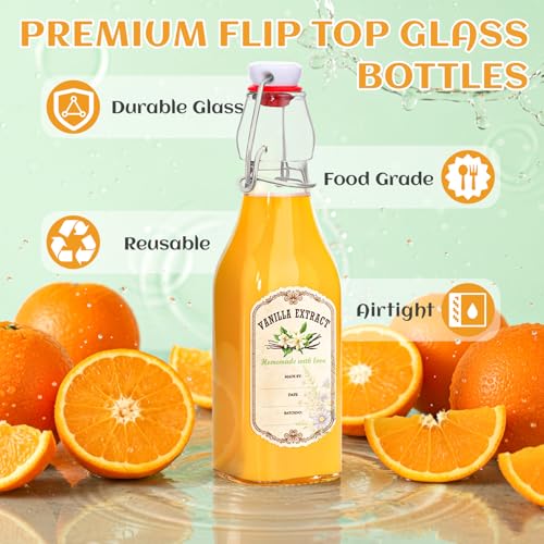 Alotpower 12 Pack 8oz Square Swing Top Glass Bottles with Airtight Lids | Flip Top Glass Bottles for Vanilla Extract,Home Brewing,Kombucha,Vinegar,beer, oda,beverages - Included Complete Brewing Kit - color: 12pack, size: 8fl.oz