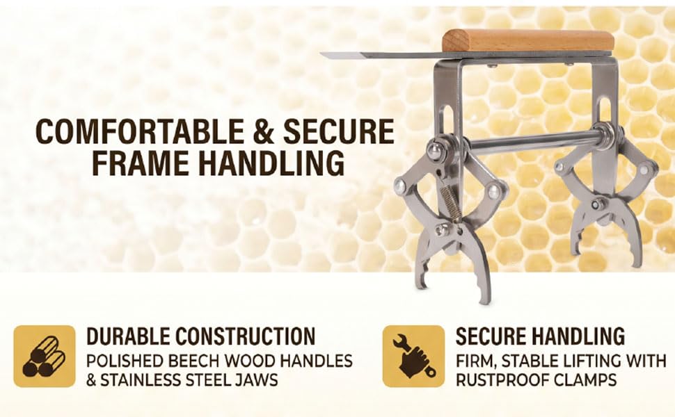 Fafeicy Beehive Frame Grip Tool, Beekeeping Frame Holder with Polished Beech Wood Handles and Stainless Steel Jaws for Lifting Frames from Hives