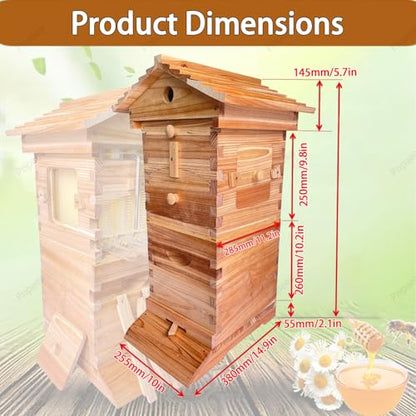 Bee Hive Starter Kit with 4 Frames,Wooden Beehive Box with Observation Window, Complete Honey Bee Hive Kit for Backyard Beekeeping Natural Wood Color