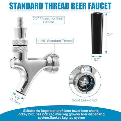 2Pcs Draft Keg Tap Beer Faucet, Stainless Steel Core Polished Brass Kegerator Faucets with Handle, Keg Faucet Fits American Standard Beer Shanks and Towers