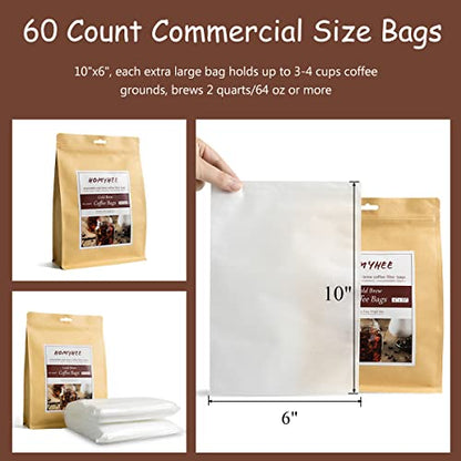 Cold Brew Coffee Bags 60 Count Disposable Fine Mesh Brewing Bags for Concentrate/Iced Coffee Maker, French/Cold Press Kit, Hot Tea in Mason Jar or Pitcher, 6 x 10 Inches - size: 60 Pack - 6" x 10"
