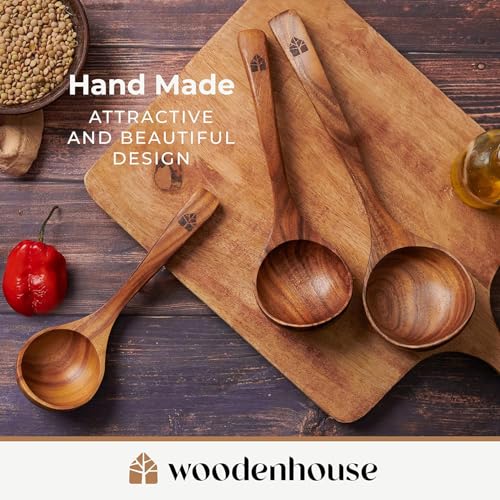Wooden Ladle for Soup, 3 Size Teak Wood Ladle Spoon with Back Hooks for Pot & Bowl, Non-Stick Wooden Spoon Set for Cooking, Serving and Stirring - size: 3 Size Set