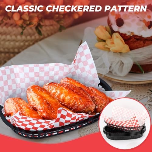 60 Sheets Red Checkered Deli Liners and 6 Black Fast Food Baskets, Classic Deli Baskets with Red Checkered Dry Waxed Deli Paper(12'') (6+60)