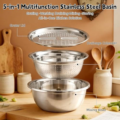 Germany Multifunctional Stainless Steel Basin - 2026 New 3-in-1 Grater Strainer and Drain Basket Set with Vegetable Slicer, 10.24 Inch for Kitchen Rinsing Draining Mixing