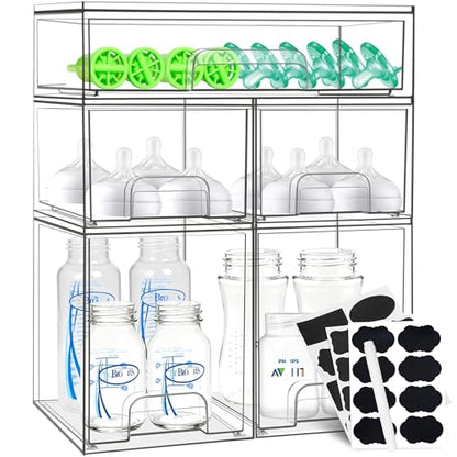 Baby Bottle Organizer, 5 Pack Stackable Storage Drawers with Labels, Clear Station Organizers Container for Pacifiers, Pump Parts, Desk Organizer Bins for Bathroom, Cabinet, Pantry, Vanity, Countertop - style: 2 High+2 Small+1 Wide