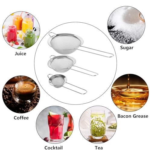 3 Pcs Fine Mesh Strainers with Handle, Stainless Steel Sifter Metal Strainer Set, Small Mini Sieve for Kitchen, Tea, Cocktail, Juice Coffee