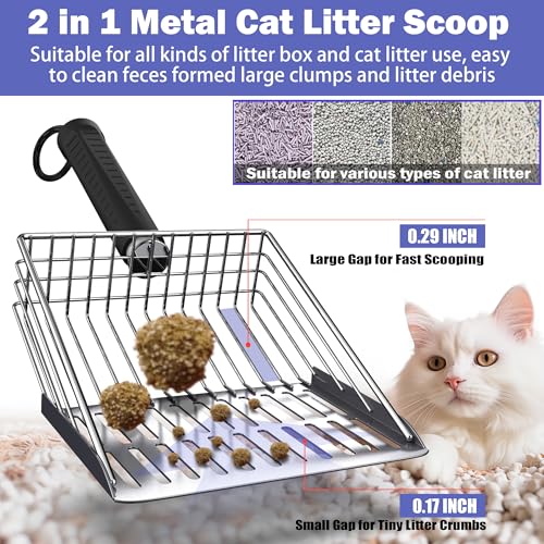 Cat Litter Scooper with Holder, Metal Litter Scoop Includes Portable Small Broom and Dustpan Set, Heavy Duty Stainless Steel Litter Scoop with Coarse and Fine Grid, Quick Sift and Easy Clean - color: Orange