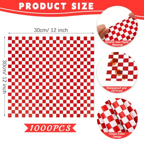 1000 Pcs Deli Paper Sheets 12x12", Premium Food Basket Liners, Grease Resistant Wax Paper Sheets for Food, Classic Checkered Sandwich Wrapping Paper for Party, Festival and Outdoors - color: Red