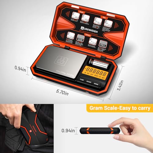 UNIWEIGH Digital Pocket Scale 200g/0.01g Precision Digital Scale Grams | 6 Units Jewelry Scales,Coins Scale with LCD Display,Tare Function for Food,Powder,small items(Battery Included)-Orange - color: Orange