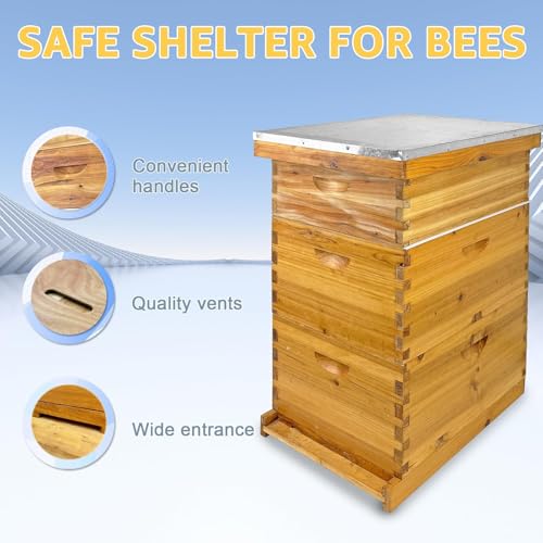 Langstroth Bee Hive with Beeswax Includes Beehive and Waxed Foundations Includes 2 Deep Bee Boxes, 1 Medium Bee Hive Super for Beginners (3-Layer)