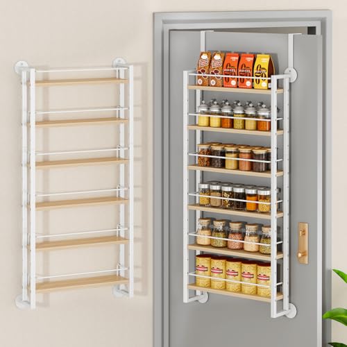 IBUYKE 6 Tier Over The Door Pantry Organizer,Wall Mounted Spice Rack,Door Hanging or Wall,Adjustable Hanging Storage Shelves,Spice Organization for Kitchen cabinet,Bathroom,Closet,Natural UTLJ028R - color: Natural, size: 6 Tier (adjustable)