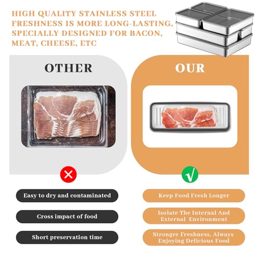 Hushee 6 Pack Bacon Cheese Container for Refrigerator, 304 Stainless Steel Airtight Deli Meat Container, Dishwasher Safe Fridge Storage Fruit Lunch Storage with Lids for Fridge, 4 Sizes
