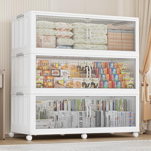 180Gal Extra Large Stackable Storage Bins with Lid (3‑Pack), 720QT Collapsible Organizer with Clear Magnetic Doors & Wheels, Plastic Cabinet for Bedroom, Garage, Dorm, Closet, Kitchen - size: 240QT-3Pack