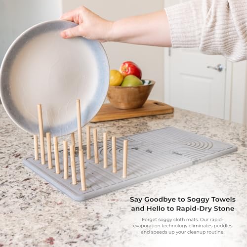 Stone Dish Drying Mat with Bamboo Rack – Fast-Drying Diatomaceous Earth Surface with Non-Slip Silicone Base – Eco-Friendly, Super Absorbent Drying Pad for Kitchen Countertops and Dishes (Gray)