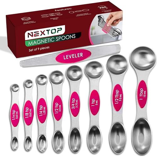 Magnetic Measuring Spoons Set of 9 Stainless Steel Dual-Sided Stackable Measuring Spoon Nesting Teaspoons Measuring Dry and Liquid Ingredients, Fits in Spice Jars Set of 9 (Pink) - color: Pink