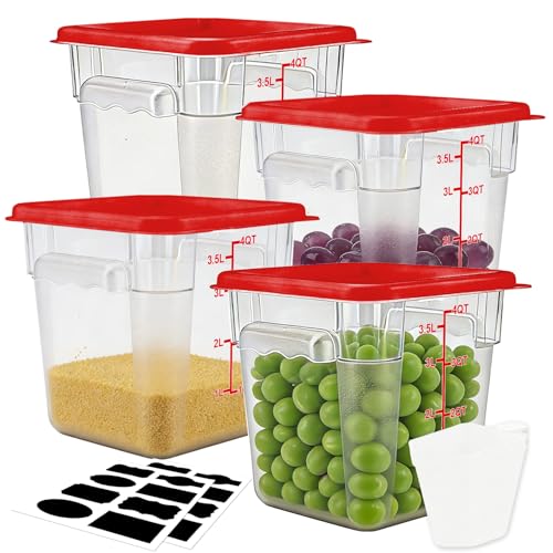 Square Storage Container with Lid, Commercial Box with Measurement Marks & Handle, for Baking, Dough Proofing, Meat Brining, Kitchen Tool (Red, 4QT-4PACK) - size: 4QT-4PACK