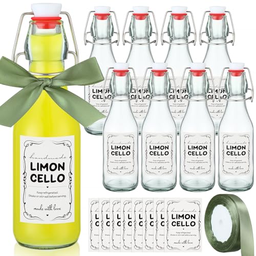 Teenyyou 8 Set 8.5 oz Limoncello Bottle Swing Top Glass Bottles for Limoncello Homemade Flip Top Brewing Bottles Airtight Cap Lids with Stickers and Ribbon for Home Wedding Baby Shower Party Favors