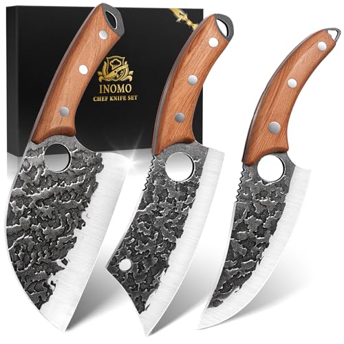 3PCS Butcher Knife Set, Hand Forged Serbian Chef Knives & Meat Cleaver & Viking Knives, Meat Cutting Kitchen Knife Set for Home, Outdoor Cooking, Camping BBQ - color: 3PCS Butcher Knife Set