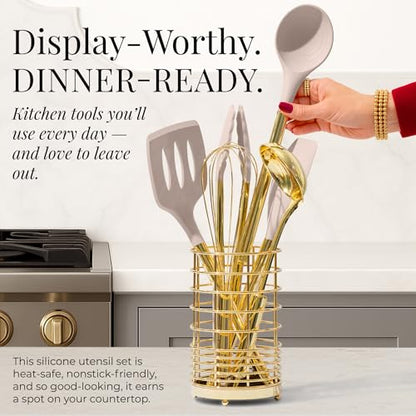 Styled Settings 23-Piece Beige and Gold Utensils Set – Silicone Nonstick Cooking Tools with Garlic Press, Can Opener, Measuring Cups, Utensil Holder – Luxury Kitchen Accessories for Modern Homes - color: 23 Piece Beige and Gold