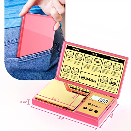MAXUS Digital Gram Scale with 200g x 0.01g Capacity, Stylish Pink Plated Shining Cover and Platform, Mini Pocket Scale for Food and Jewelry - color: Pink
