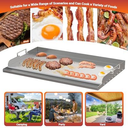 Skyflame 25"x16" Stainless Steel Griddle Plate for BBQ, Hibachi, Flat Top Grill with Even Heating, Grease Groove, Foldable Handles, Ideal for Charcoal/Gas Grills, Camping, Tailgating, Outdoor Cooking - size: 25" x 16" x 2.2"