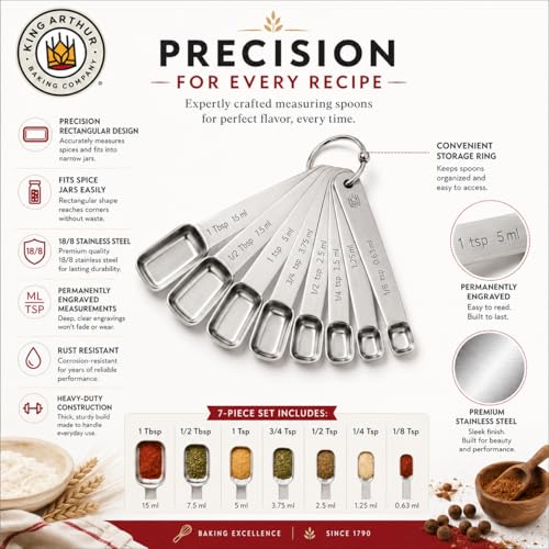 King Arthur Baking Company Spice Measuring Spoons, 18/8 Stainless Steel, 7-Piece Set, Precision Measures, For Baking And Cooking - style: Stainless Steel, 7-Piece Set