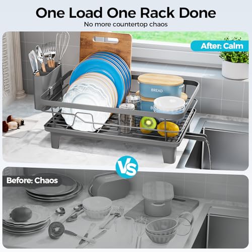 Urackify Dish Drying Rack for Kitchen Counter, Sink Dish Rack with Drainboard 12.2" W x 16.5" L, Large Dish Drainer with Cutlery Holder, Home Countertop Plate Dryer Storage Rack, Gray - color: Gray