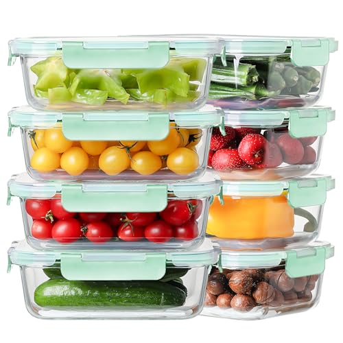 8 Pack 36oz Large Glass Meal Prep Containers with lids, Glass Food Storage Containers with Leak Proof Snap Lock Lids , Airtight Bento lunch Boxes, Kitchen Storage, Oven and Dishwasher Safe-Light Blue - color: Light Blue