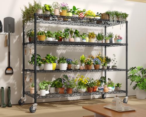 Heavy Duty Garage Shelving with Wheels: 55.5" W x 24" D x 81" H 4 Tier Wire Metal Storage Shelves, Adjustable NSF Commercial Shelf, Rolling Tote Rack Organizer for Pantry, Warehouse, Black - size: 55.5"W x 24"D x 81"H