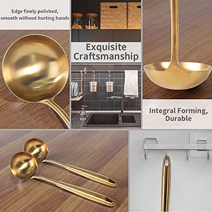 Newness Soup Ladle, [Rustproof, Heat Resistance, Integral Forming] Durable 304 Stainless Steel Soup Spoon with Vacuum Ergonomic Round Handle, Cooking Spoon for Kitchen, 13.7 Inches, Gold - color: Gold