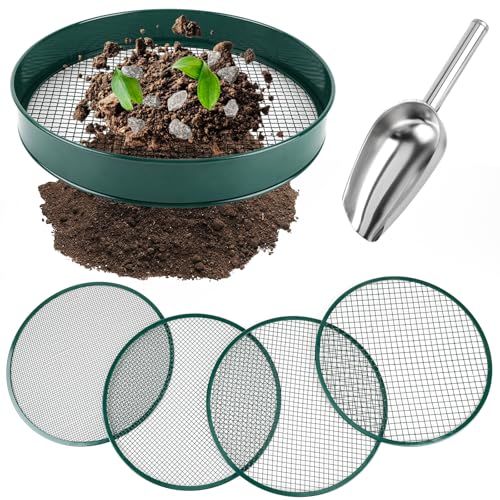 Soil Sifter for Gardening, 12" Green Soil Sifter Potting Sieve with Shovel and 4 Fine Screens for Sand Dirt, Sand, Rock, Filtration, Compost and Bonsai (5 IN1)