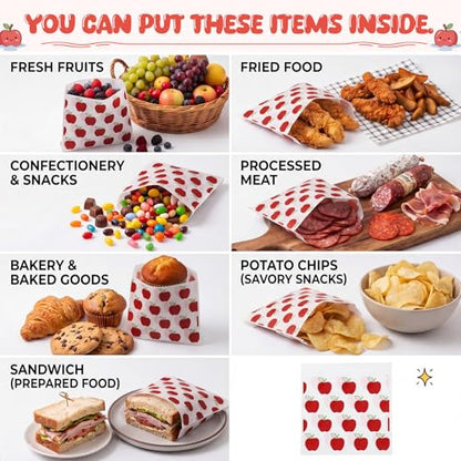 Epakh 200 Pack Paper Sandwich Bags with Apple Design 8 × 8 Inch Happy Food Storage Recyclable Grease Resistant Disposable Snack Bags for Family Home Use - style: Apple