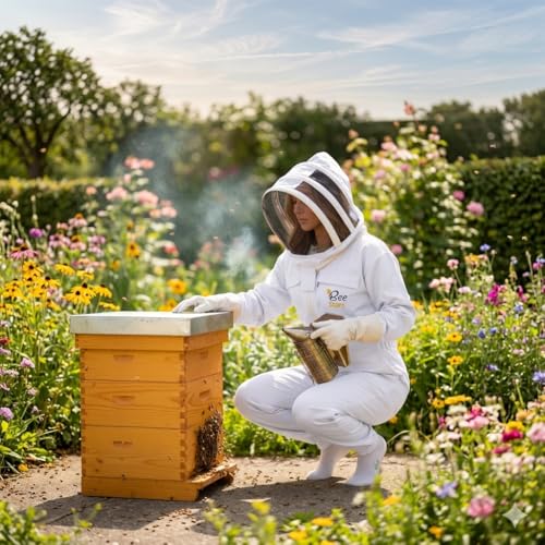 Bee Suit with Fencing Veil One Pair Gloves Polycotton Sting Proof Beekeeping Suit for Beekeeper - color: White, size: Medium