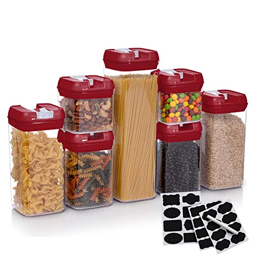 Set of 7 Airtight Food Storage Containers - Pantry Organizer Bins, BPA Free Plastic Containers plus Dry Erase Marker and Labels, Red - color: Red