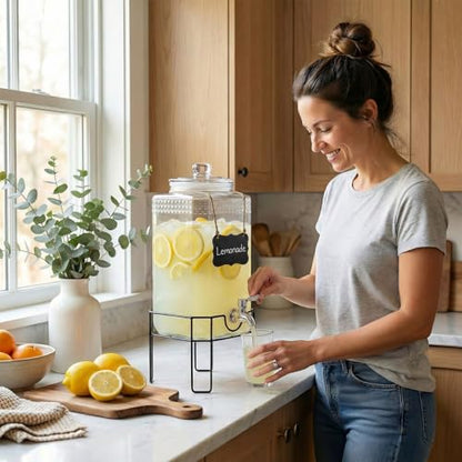 1.5 Gallon Glass Drink Dispenser, Drink Dispensers for Parties, Beverage Dispenser with Stand and Glass Lid, 100% Leakproof Spigot, Ideal for Lemonade, Juice, Iced Tea, Laundry Detergent - size: 1.5 Gallon