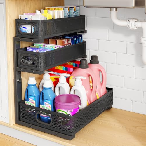 HERJOY Under Sink Organizer, 1-Pack 3-Tier Pull Out Height Adjustable Black | 35% Extra Storage Capacity, Carbon Steel, Hold Up 55lbs, Suction Cups and Nano Adhesive, Fit for Kitchen, Bathroom and Pantry - color: Black, size: 1-Pack