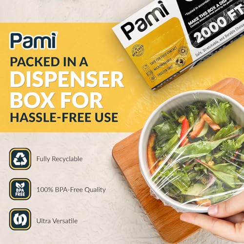 PAMI Plastic Food Wrap 24” x 2000 FT with Slide Cutter – Safe Cling Stretch Film, BPA Free, Microwave & Freezer Safe, Durable Food Storage Wrap for Home & Commercial Use - size: 24 " x 2000ft