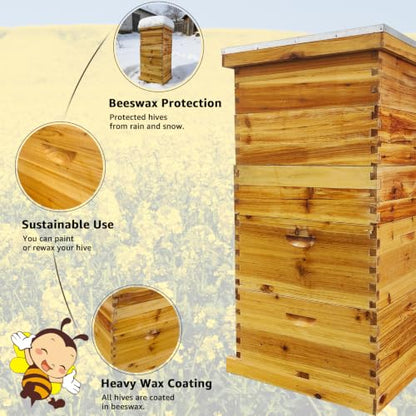 5-Layer Langstroth Beehive Kit, Beeswax Coated Wood Bee Hive with 2 Deep Breeding Boxes and 3 Medium Super Boxes, 10-Frame Standard Wooden Bee House with Waterproof Metal Top, No Frames