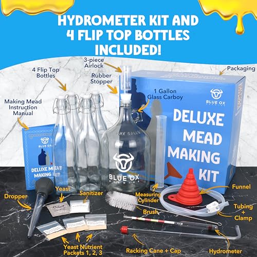 DELUXE Mead Making Kit with Storage Bottles, Hydrometer & Extra Yeast Nutrients - Honey Wine Making Kit - Mead Kit Complete - Mead Supplies for 1 Gallon of Mead – Mead Brewing Kit - color: Bue