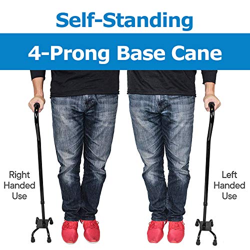 RMS Quad Cane - Adjustable Walking Cane with A Large Four-Pronged Base for Extra Stability - Foam Padded Offset Handle for Secure & Comfort Grip - Works for Right or Left Handed Men or Women