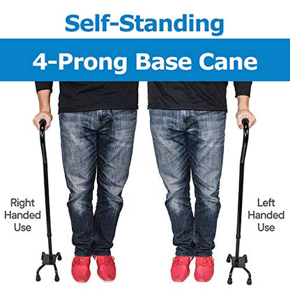 RMS Quad Cane - Adjustable Walking Cane with A Large Four-Pronged Base for Extra Stability - Foam Padded Offset Handle for Secure & Comfort Grip - Works for Right or Left Handed Men or Women