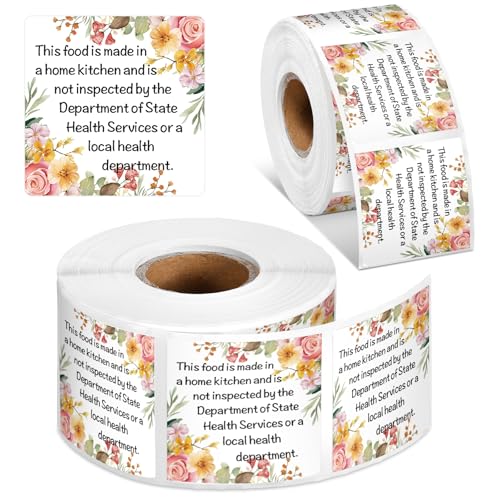500 Count Cottage Food Law Labels Stickers Floral Printed Home Made Stickers 1.5” Square Thermal Printed Labels for Home Kitchen Bakery Bread Sourdough - color: Floral, style: Home Kitchen Made