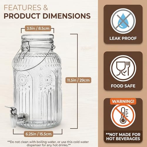 Kingrol 1 Gallon Glass Drink Dispenser with Lid and Spigot - Wide Mouth, Leak Proof Juice Pitcher- Vintage Beverage Dispenser for Party, Wedding, Picnic
