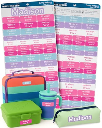 Bunny Badges Personalized Daycare Name Labels for Kids (120 Labels) Custom Label for Clothing Tag - Waterproof Name Stickers for Clothing Tags, Bottles, Backpacks and School Supplies (Sorbet) - color: Sorbet