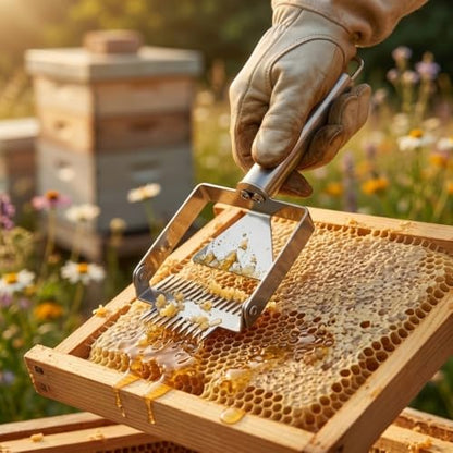 2-in-1 Double Head Honey Scraper, Stainless Steel Beekeeping Uncapping Tool with Wooden Handle for Honeycomb Processing(Metal Handle)