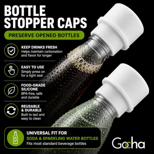 GOCHA 2 PCS Vacuum Soda Bottle Stoppers, Silicone Fizz Keeper Caps, Carbonation Preserver for Soda, Sparkling Water, Soft Drinks & Beer Bottles, Reusable Leak Proof Bottle Sealer | (White) - color: White
