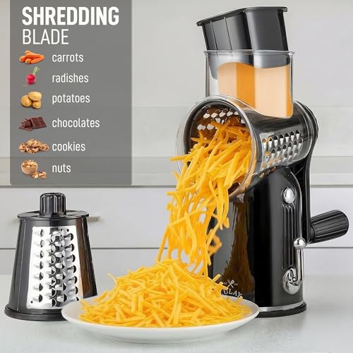 Zulay Kitchen Rotary Cheese Grater 5 Blade Cheese Shredder - Manual Hand Crank Cheese Grater With Reinforced Suction & 5 Interchangeable Drums - Easy to Use, Vegetable Chopper Round Mandoline Slicer - color: Classic | Black