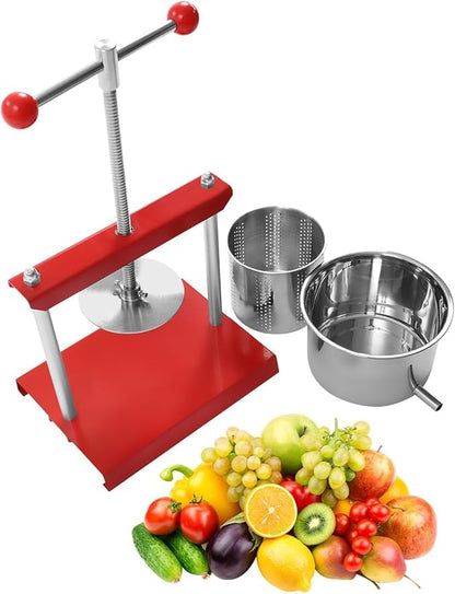 3L/0.8Gal Fruit Wine Press with 2 Stainless Steel Barrels,Cheese Tincture Herb Fruit Wine Manual Press, Honey Olive Oil Making Press with T-Handle,for Outdoor & Home Kitchen(Red)