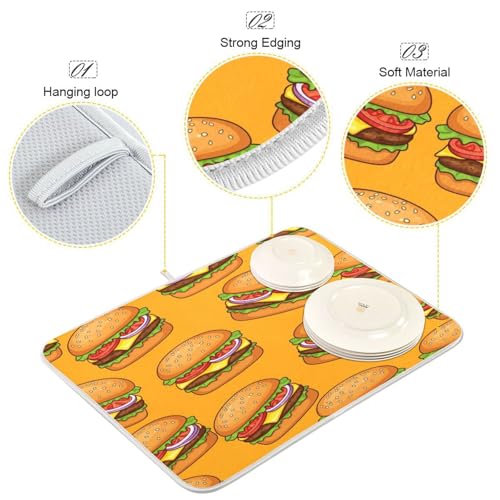 Cheeseburger Tomato Yellow Dish Drying Mat Kitchen Dish Drying Pad Absorbent Microfiber Dish Drainer Mat for Coffee Bar Sinks Draining Racks 16x18 Inch - size: 16x18in